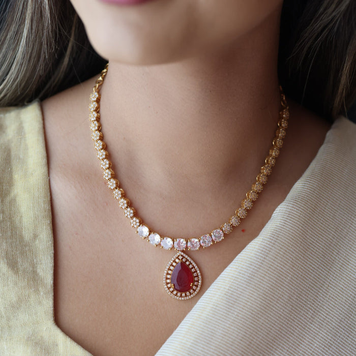 Heritage gold plated ruby white stone short necklace with earrings HRW1479