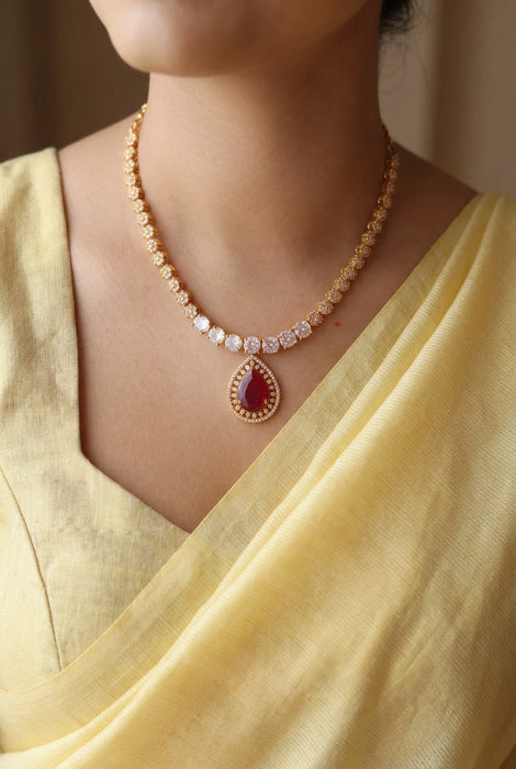 Heritage gold plated ruby white stone short necklace with earrings HRW1479