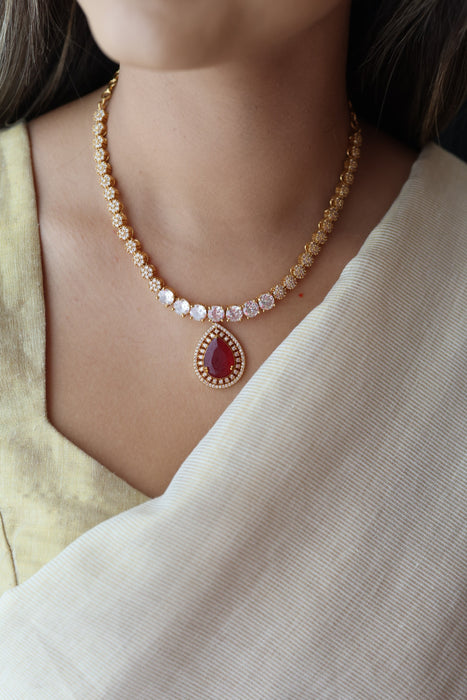 Heritage gold plated ruby white stone short necklace with earrings HRW1479