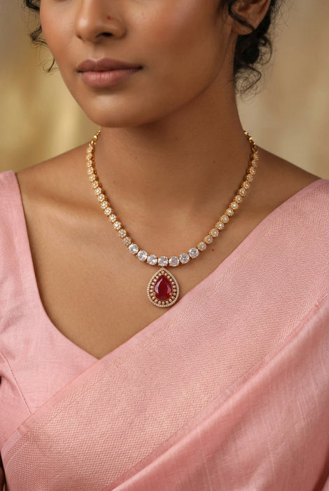 Heritage gold plated ruby white stone short necklace with earrings HRW1479