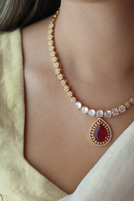 Heritage gold plated ruby white stone short necklace with earrings HRW1479