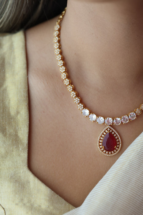 Heritage gold plated ruby white stone short necklace with earrings HRW1479