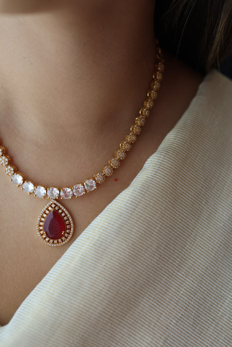 Heritage gold plated ruby white stone short necklace with earrings HRW1479