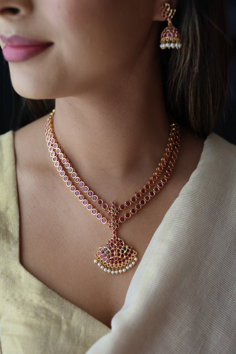 Heritage gold plated ruby stone short necklace and earrings RUB342