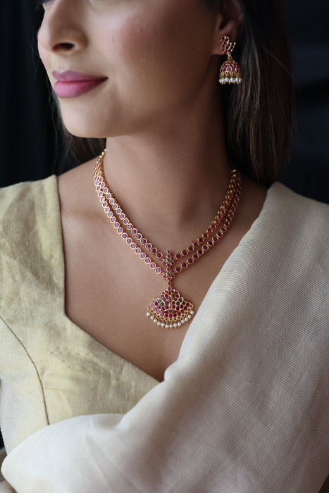 Heritage gold plated ruby stone short necklace and earrings RUB342
