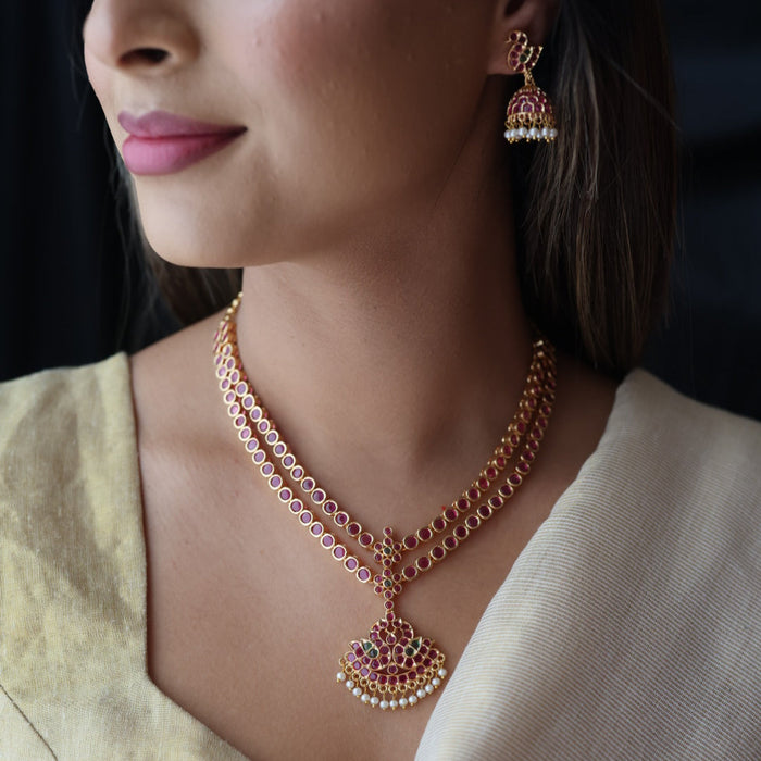 Heritage gold plated ruby stone short necklace and earrings RUB342