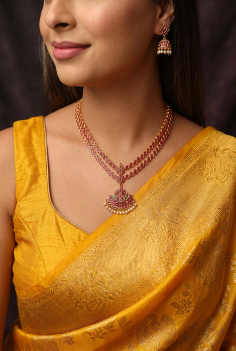 Heritage gold plated ruby stone short necklace and earrings RUB342
