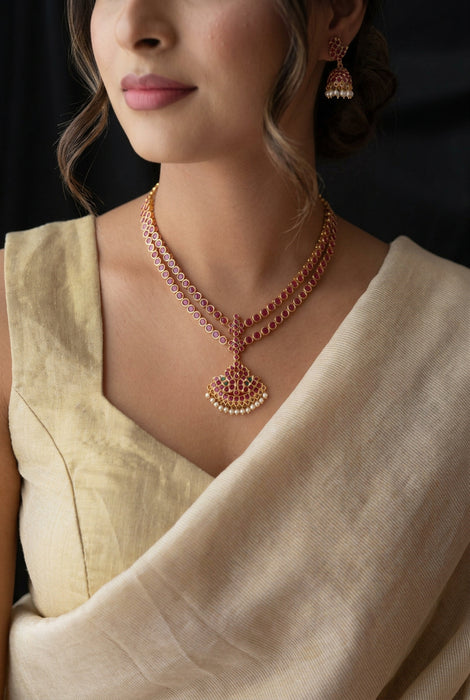 Heritage gold plated ruby stone short necklace and earrings RUB342