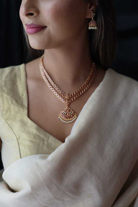 Heritage gold plated ruby stone short necklace and earrings RUB342