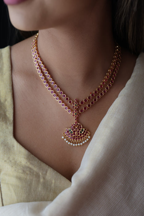 Heritage gold plated ruby stone short necklace and earrings RUB342