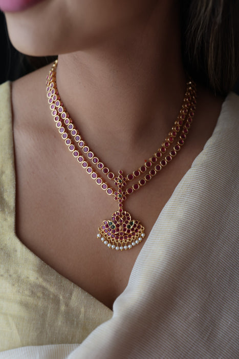 Heritage gold plated ruby stone short necklace and earrings RUB342