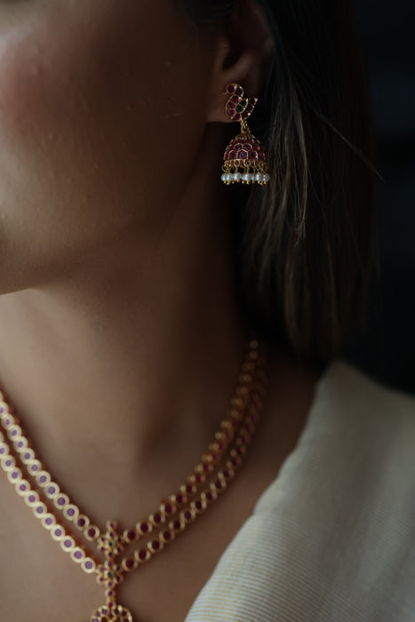 Heritage gold plated ruby stone short necklace and earrings RUB342