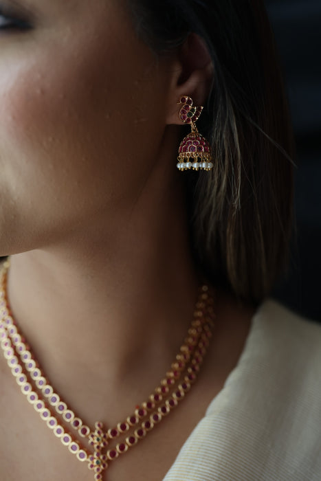 Heritage gold plated ruby stone short necklace and earrings RUB342