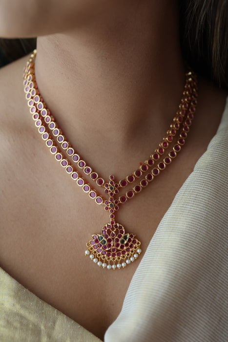 Heritage gold plated ruby stone short necklace and earrings RUB342