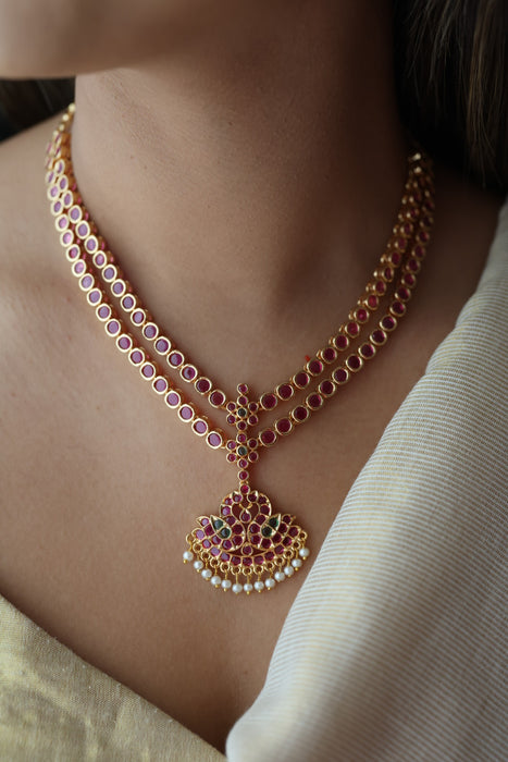 Heritage gold plated ruby stone short necklace and earrings RUB342