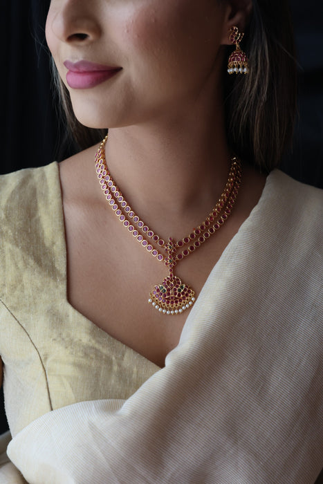 Heritage gold plated ruby stone short necklace and earrings RUB342