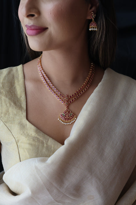 Heritage gold plated ruby stone short necklace and earrings RUB342