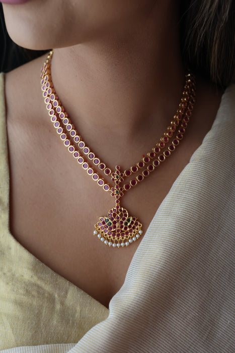 Heritage gold plated ruby stone short necklace and earrings RUB342