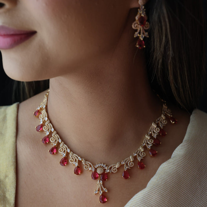 Heritage gold plated ruby white stone short necklace with earrings H8003