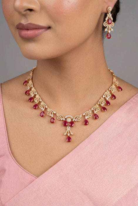 Heritage gold plated ruby white stone short necklace with earrings H8003