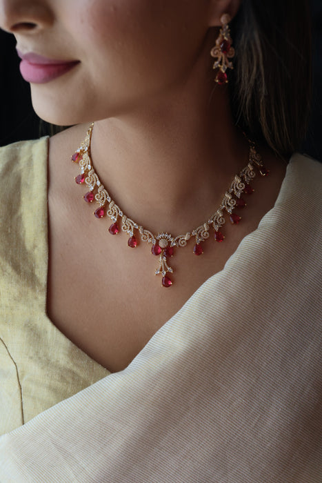 Heritage gold plated ruby white stone short necklace with earrings H8003