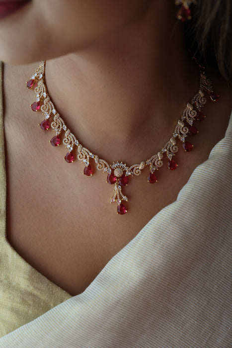 Heritage gold plated ruby white stone short necklace with earrings H8003