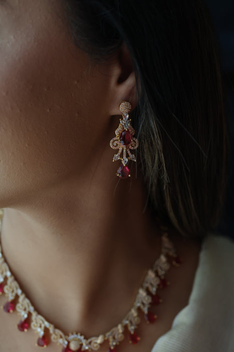 Heritage gold plated ruby white stone short necklace with earrings H8003