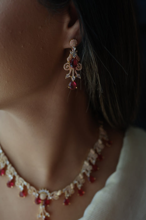 Heritage gold plated ruby white stone short necklace with earrings H8003