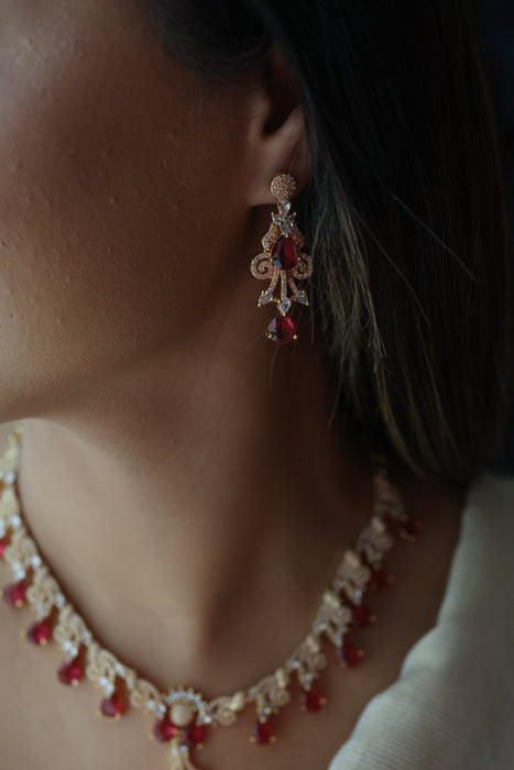 Heritage gold plated ruby white stone short necklace with earrings H8003