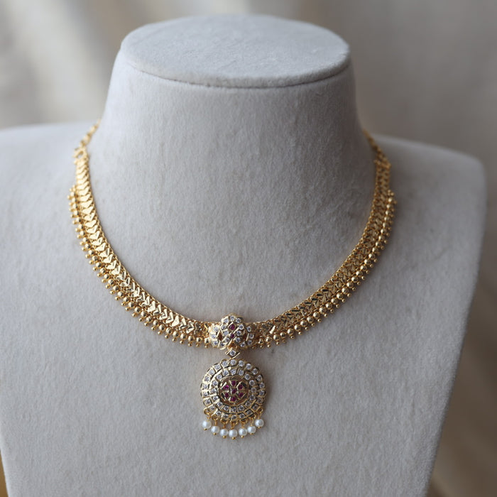 Heritage ruby white stone gold plated short necklace H9018