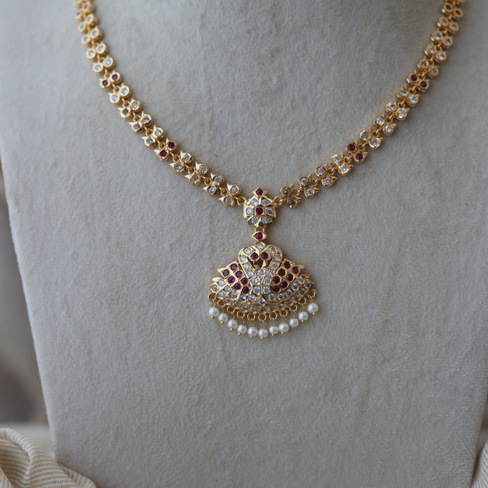 Heritage gold plated ruby white stone short necklace with earrings H672