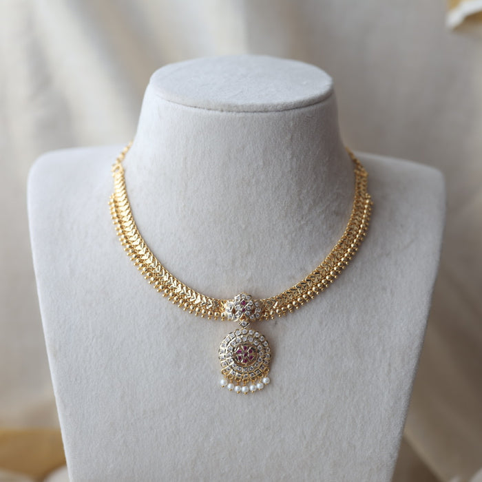 Heritage ruby white stone gold plated short necklace H9018