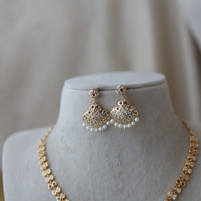 Heritage gold plated ruby white stone short necklace with earrings H672