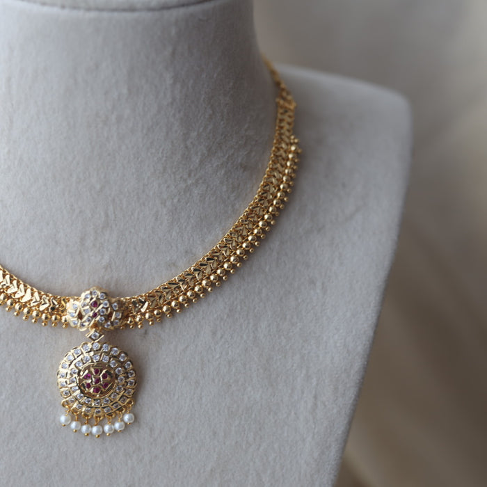 Heritage ruby white stone gold plated short necklace H9018