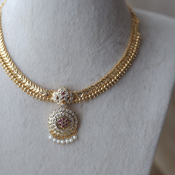 Heritage ruby white stone gold plated short necklace H9018
