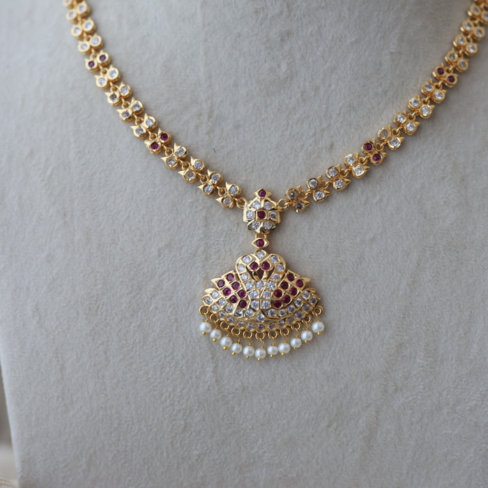Heritage gold plated ruby white stone short necklace with earrings H672
