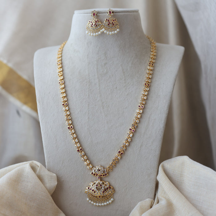 Heritage gold plated ruby white stone long necklace with earrings H9762