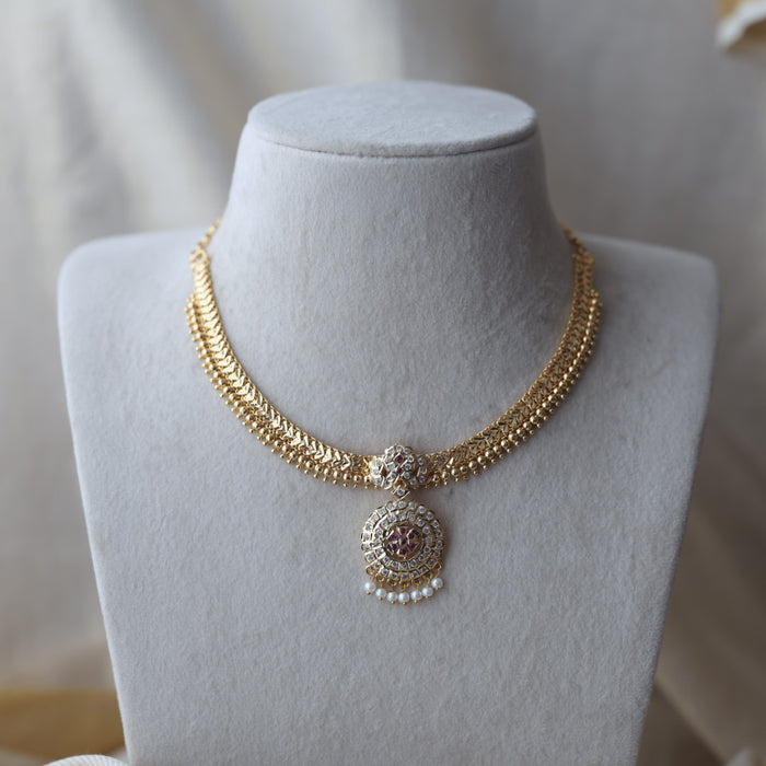 Heritage ruby white stone gold plated short necklace H9018