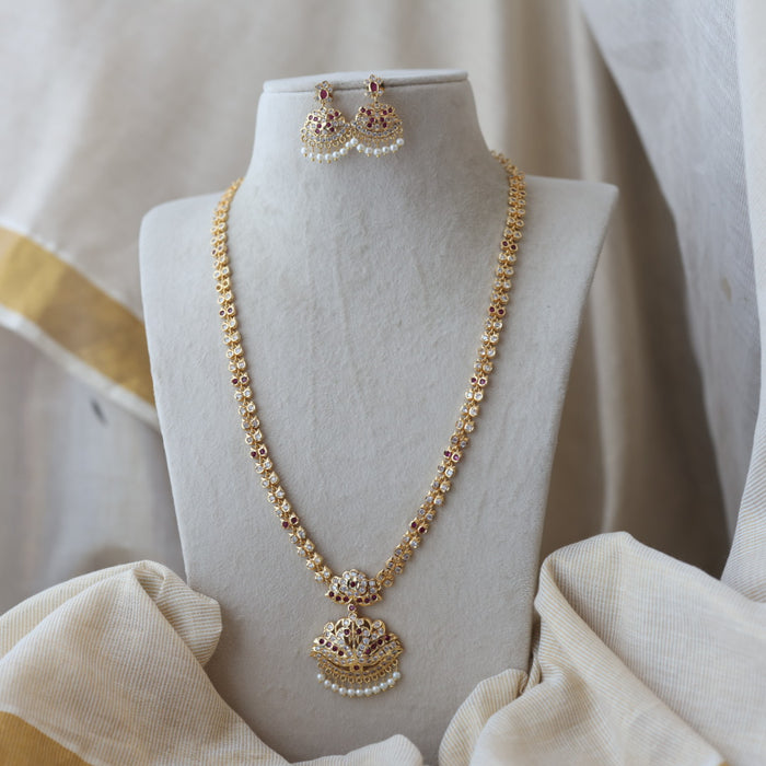 Heritage gold plated ruby white stone long necklace with earrings H9762