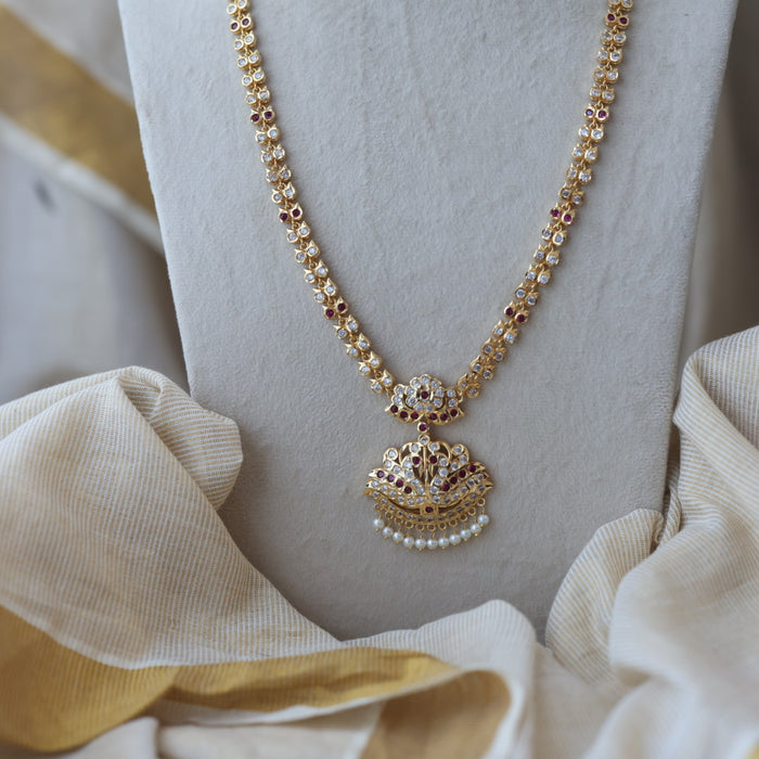 Heritage gold plated ruby white stone long necklace with earrings H9762