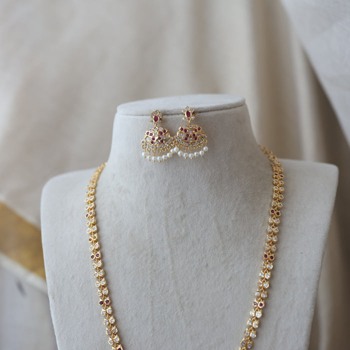 Heritage gold plated ruby white stone long necklace with earrings H9762