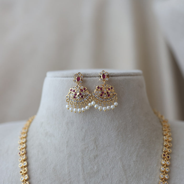 Heritage gold plated ruby white stone long necklace with earrings H9762