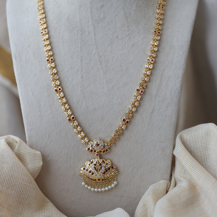 Heritage gold plated ruby white stone long necklace with earrings H9762