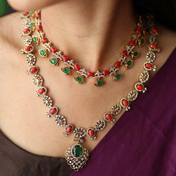 Antique red and green stone short necklace with earrings TTS43568