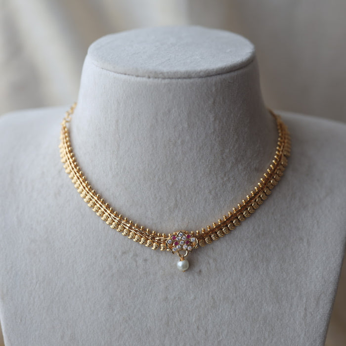Heritage ruby white stone gold plated short necklace H512