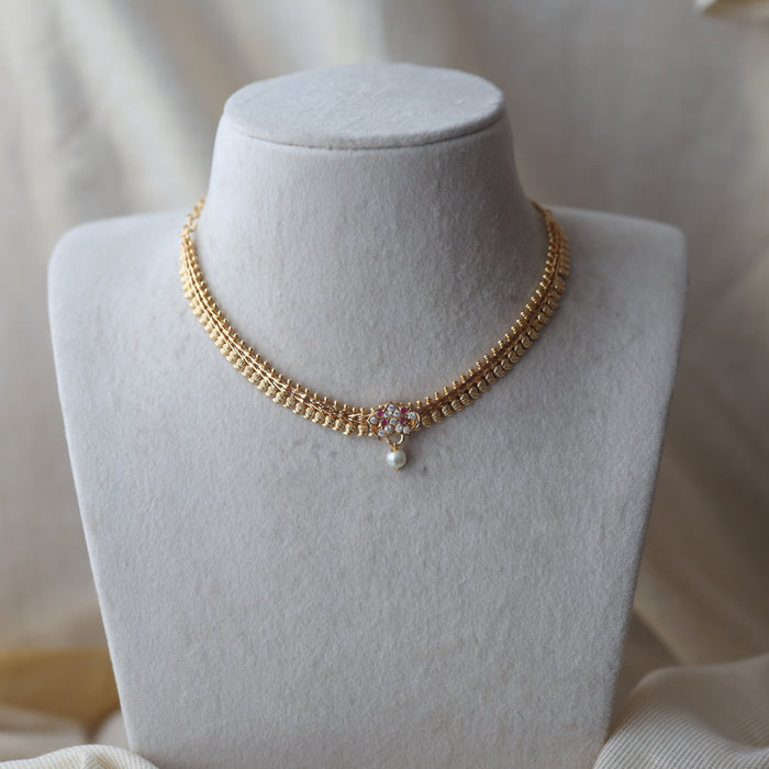 Heritage ruby white stone gold plated short necklace H512