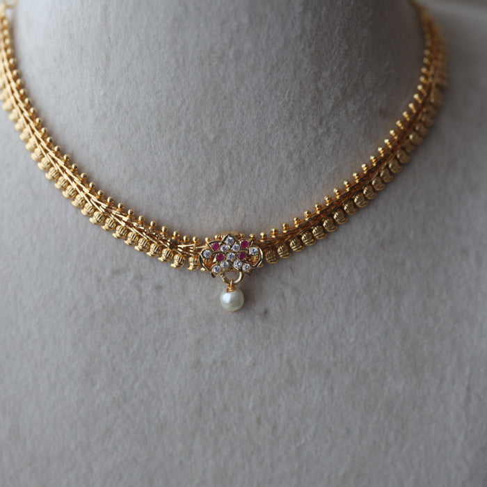 Heritage ruby white stone gold plated short necklace H512