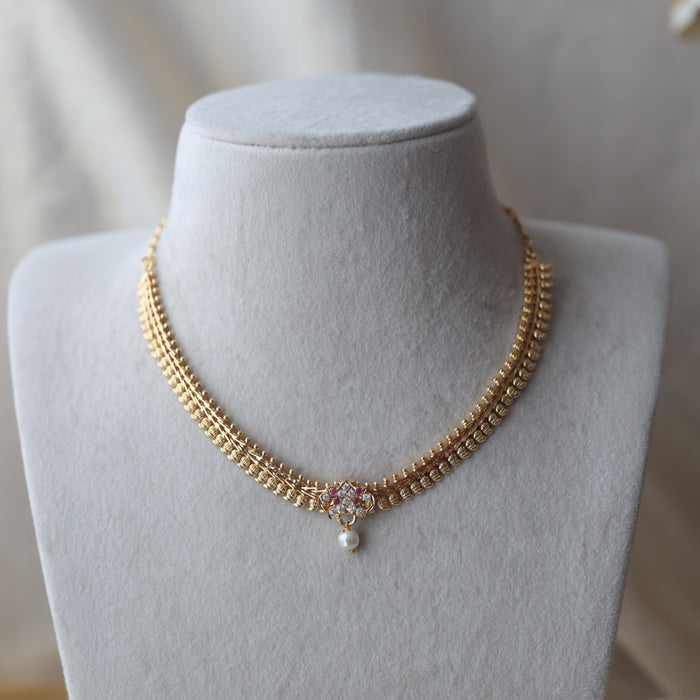 Heritage ruby white stone gold plated short necklace H512