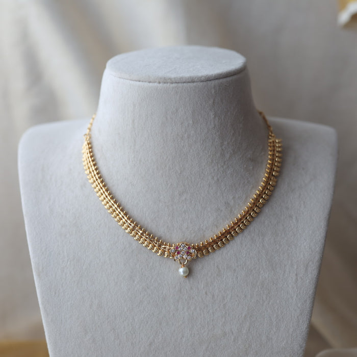 Heritage ruby white stone gold plated short necklace H512
