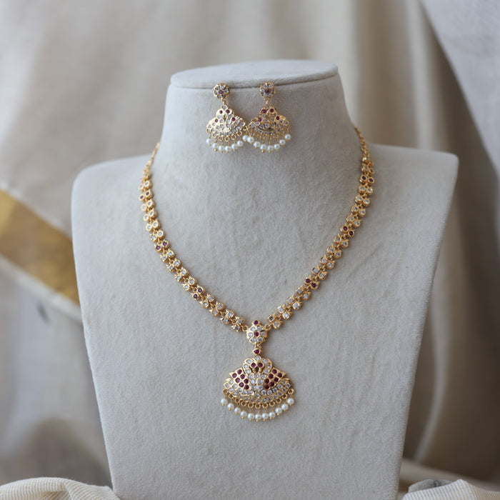 Heritage gold plated ruby white stone short necklace with earrings H9123